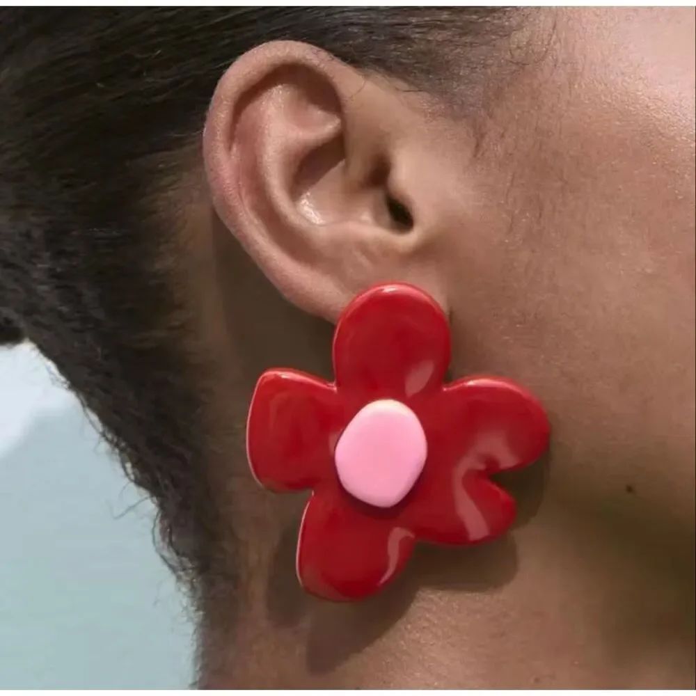 Zara Red Pink Flower Statement Earrings Oversized Acrylic Floral Retro Boho NWOT